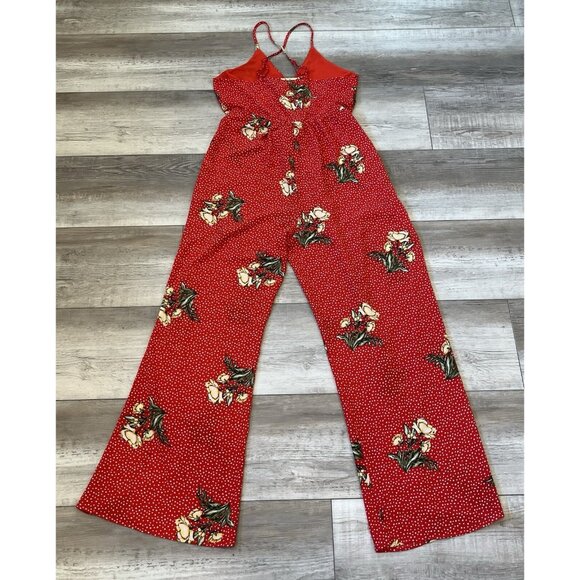 Socialite Wrap Jumpsuit w/ leg slits NWT Sz Large, Red White Polka Dot Floral - Picture 13 of 16